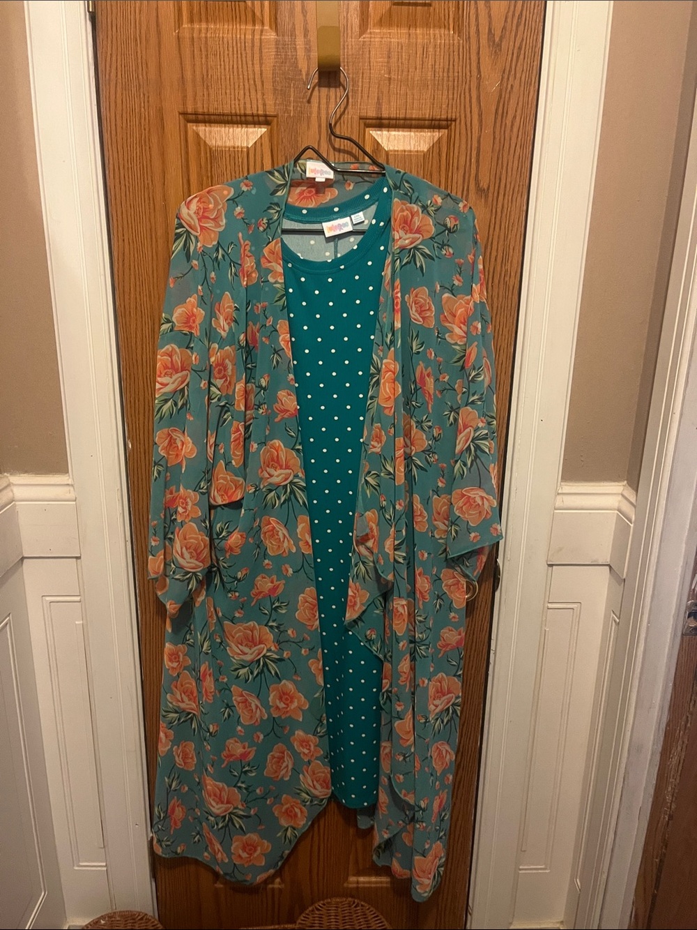 LuLaRoe Teal Floral Duster and Polka Dot Dress Set
